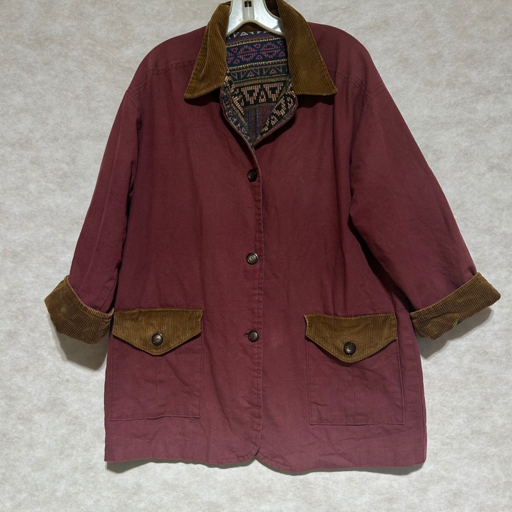 Vintage Burgundy Canvas Barn Jacket Corduroy Trim Southwestern Lining XL